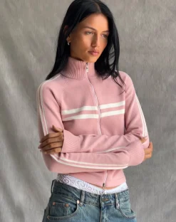 Motel Rocks Jackets-Talisa Sporty Zip Through Jacket in Knit Pink KnitPink