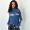 Motel Rocks Loungewear | Jumpers-Talisa Sporty Zip Through Jacket In Navy with Ivory Stripes NavywithIvoryStripes