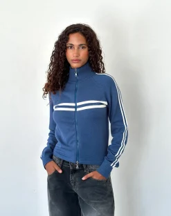 Motel Rocks Loungewear | Jumpers-Talisa Sporty Zip Through Jacket In Navy with Ivory Stripes NavywithIvoryStripes
