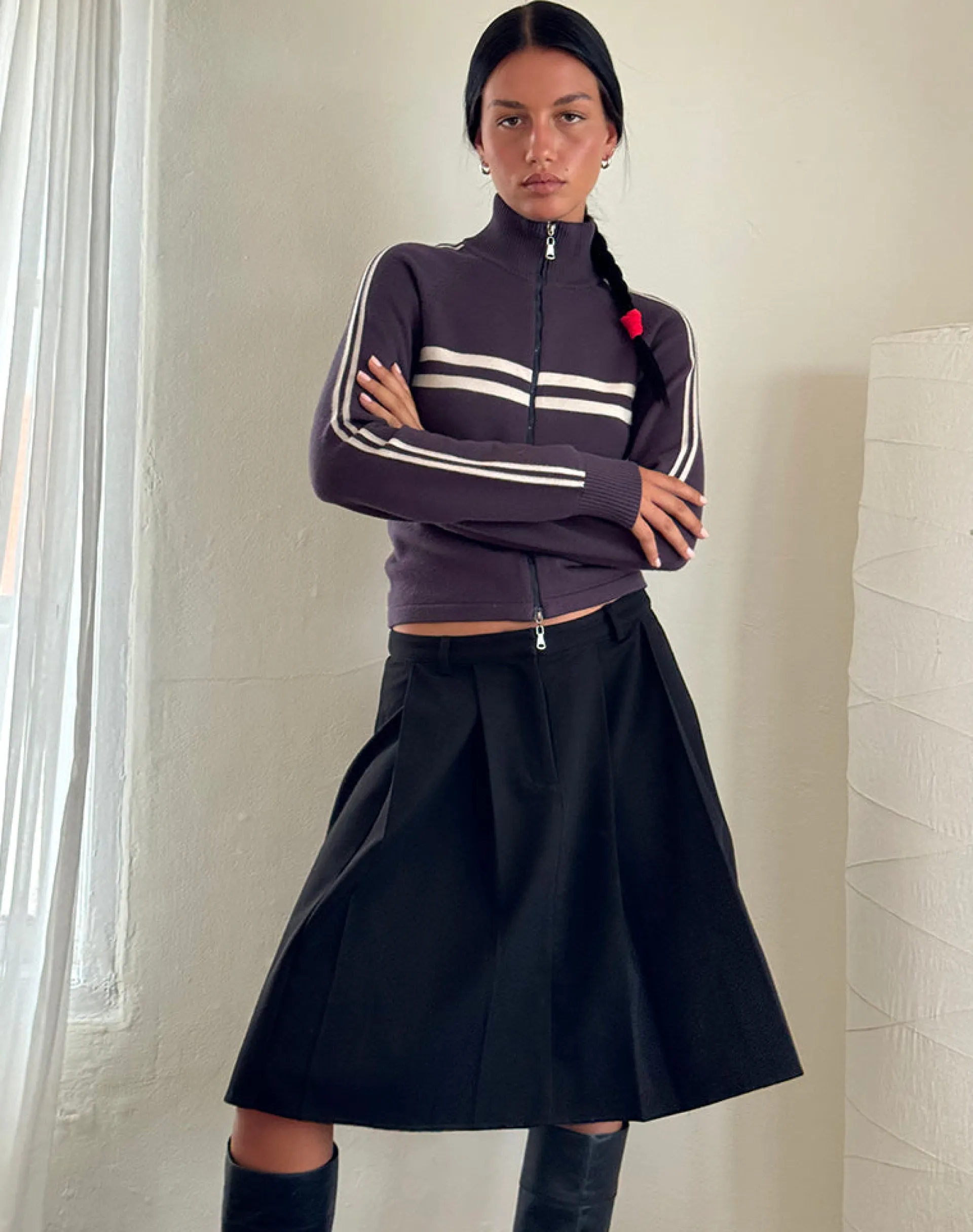 Motel Rocks Jackets-Talisa Sporty Zip Through Jacket In Charcoal with Light Grey Stripes CharcoalwithLightGreyStripes