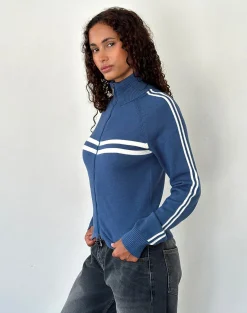 Motel Rocks Loungewear | Jumpers-Talisa Sporty Zip Through Jacket In Navy with Ivory Stripes NavywithIvoryStripes