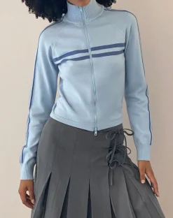 Motel Rocks Jackets-Talisa Sporty Zip Through Jacket in Knit Light Blue KnitLightBlue