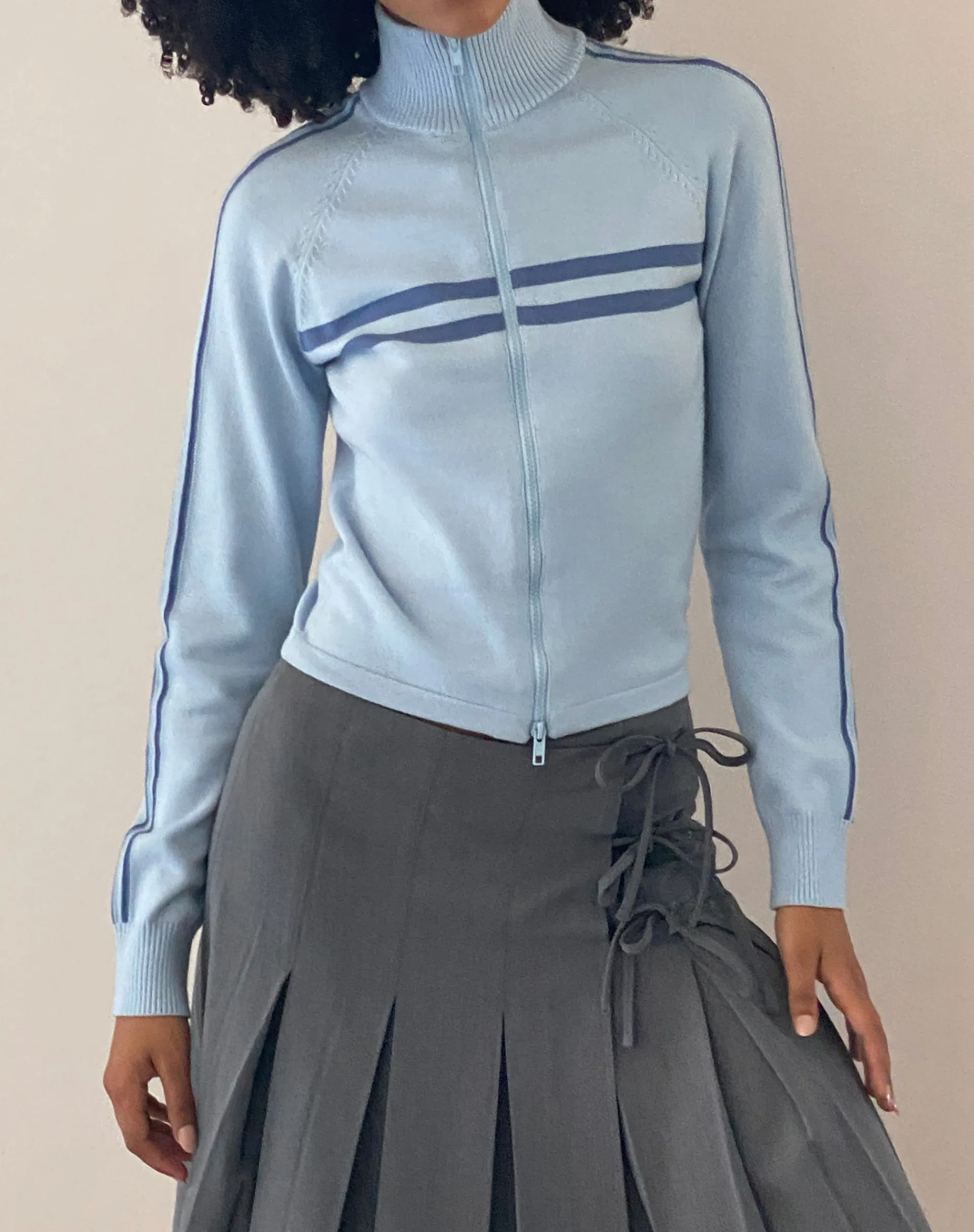 Motel Rocks Jackets-Talisa Sporty Zip Through Jacket in Knit Light Blue KnitLightBlue