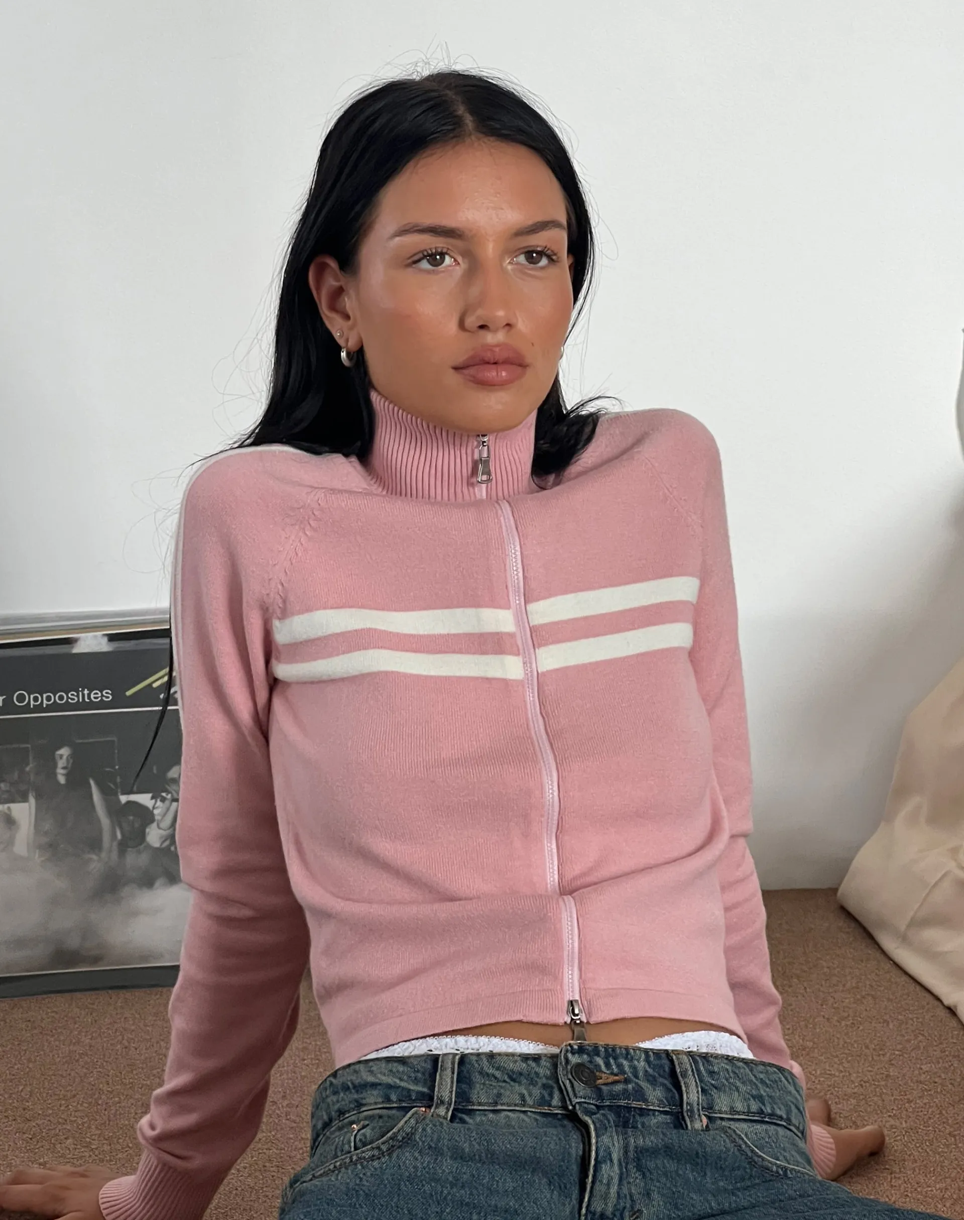 Motel Rocks Jackets-Talisa Sporty Zip Through Jacket in Knit Pink KnitPink