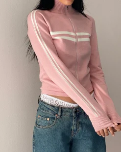 Motel Rocks Jackets-Talisa Sporty Zip Through Jacket in Knit Pink KnitPink