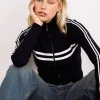 Motel Rocks Jackets-Talisa Zip Through Jacket in Black with White Stripe BlackwithWhiteStripe