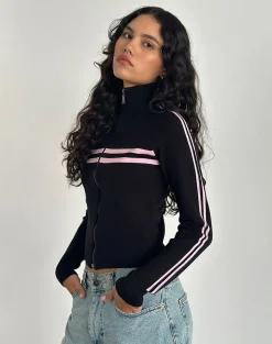 Motel Rocks Jackets-Talisa Zip Through Jacket in Black with Pink Stripe BlackwithPinkStripe