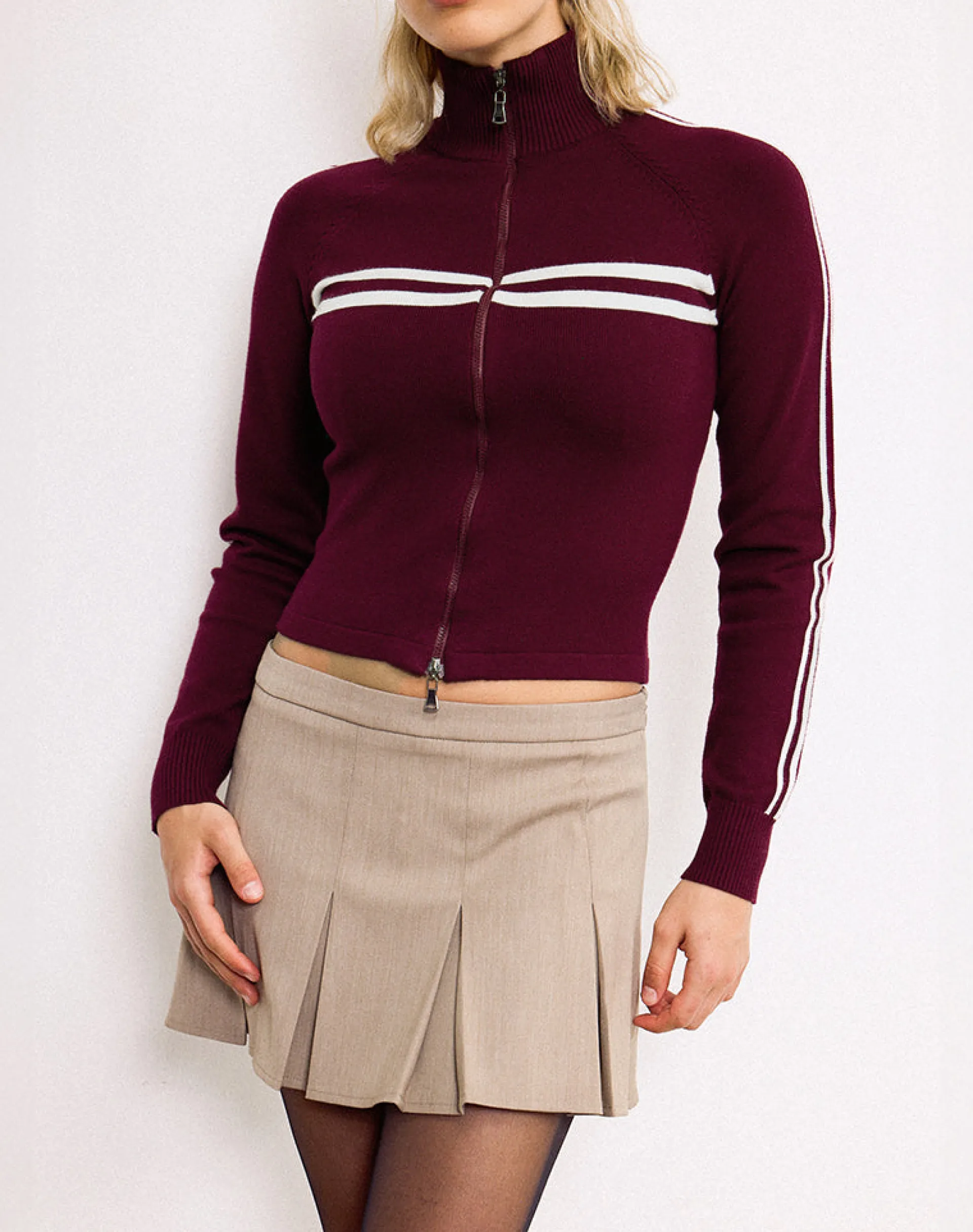Motel Rocks Jackets-Talisa Zip Through Jacket in Maroon with White Stripe MaroonwithWhiteStripe