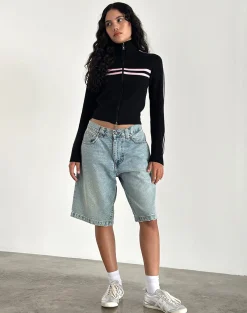 Motel Rocks Jackets-Talisa Zip Through Jacket in Black with Pink Stripe BlackwithPinkStripe