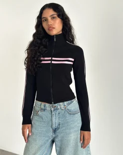 Motel Rocks Jackets-Talisa Zip Through Jacket in Black with Pink Stripe BlackwithPinkStripe