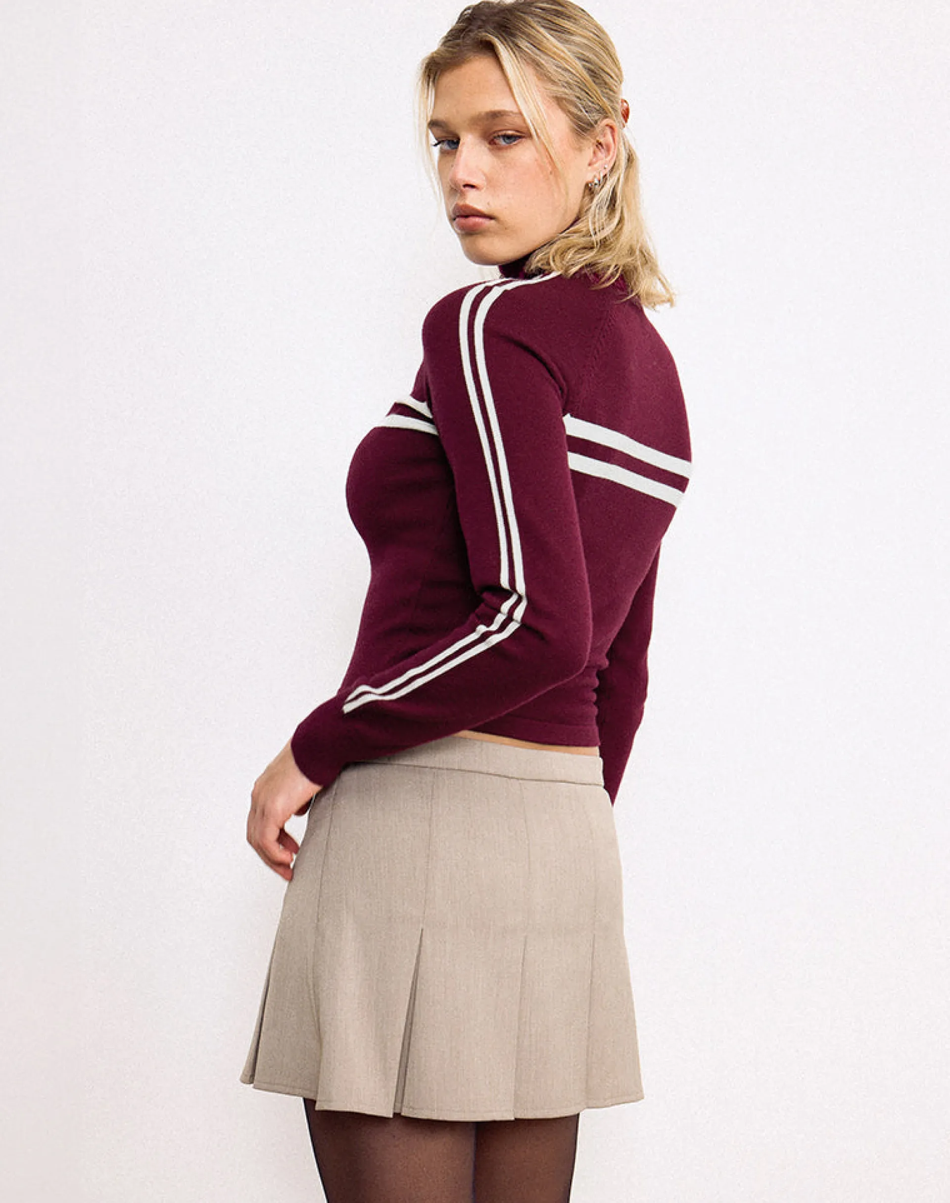 Motel Rocks Jackets-Talisa Zip Through Jacket in Maroon with White Stripe MaroonwithWhiteStripe