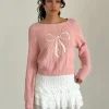 Motel Rocks Jumpers-Tami Jumper in Knit Pink with White Bow Embroidery