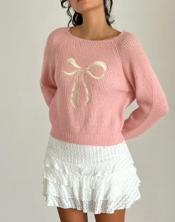 Motel Rocks Jumpers-Tami Jumper in Knit Pink with White Bow Embroidery