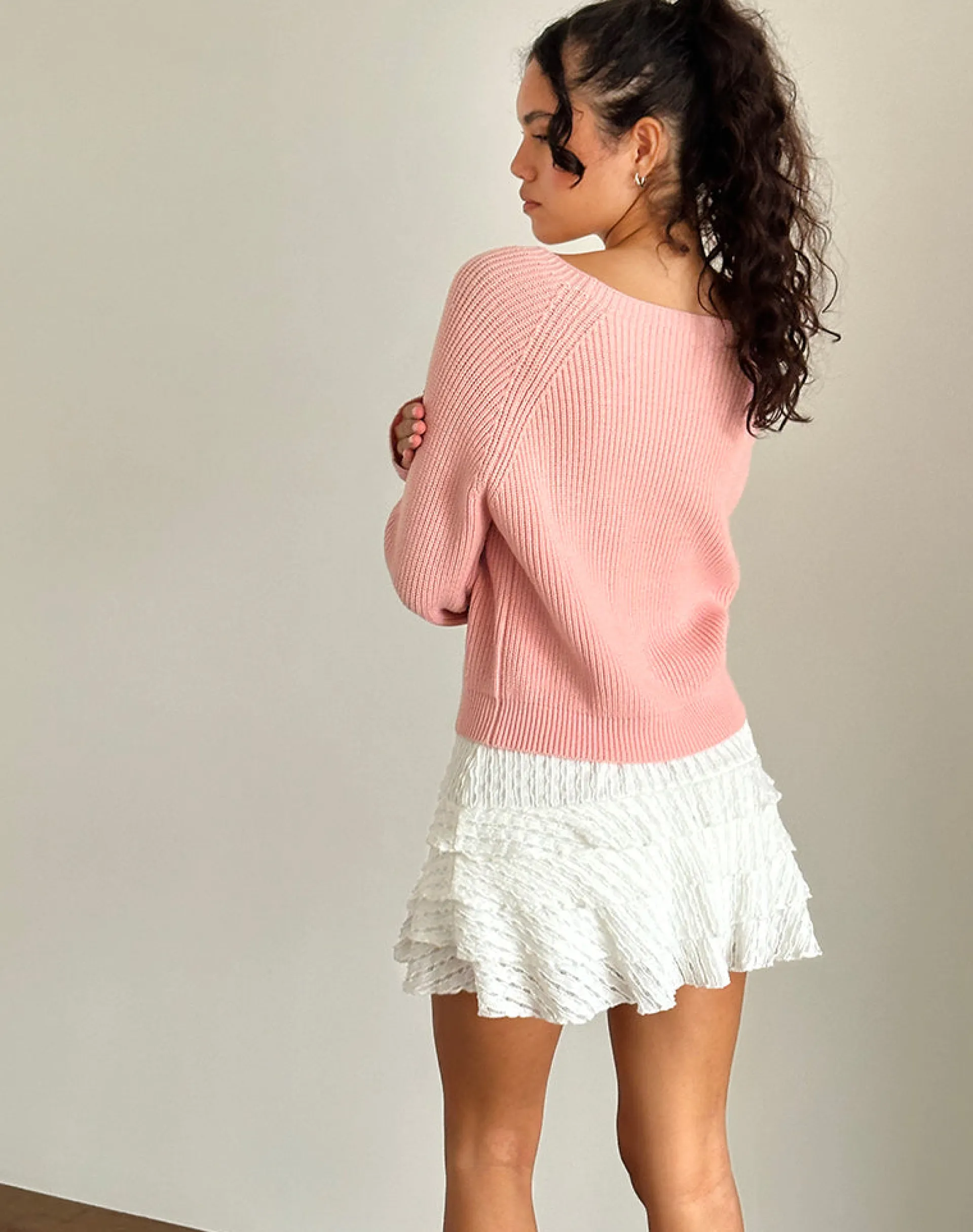 Motel Rocks Jumpers-Tami Jumper in Knit Pink with White Bow Embroidery