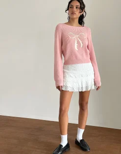 Motel Rocks Jumpers-Tami Jumper in Knit Pink with White Bow Embroidery