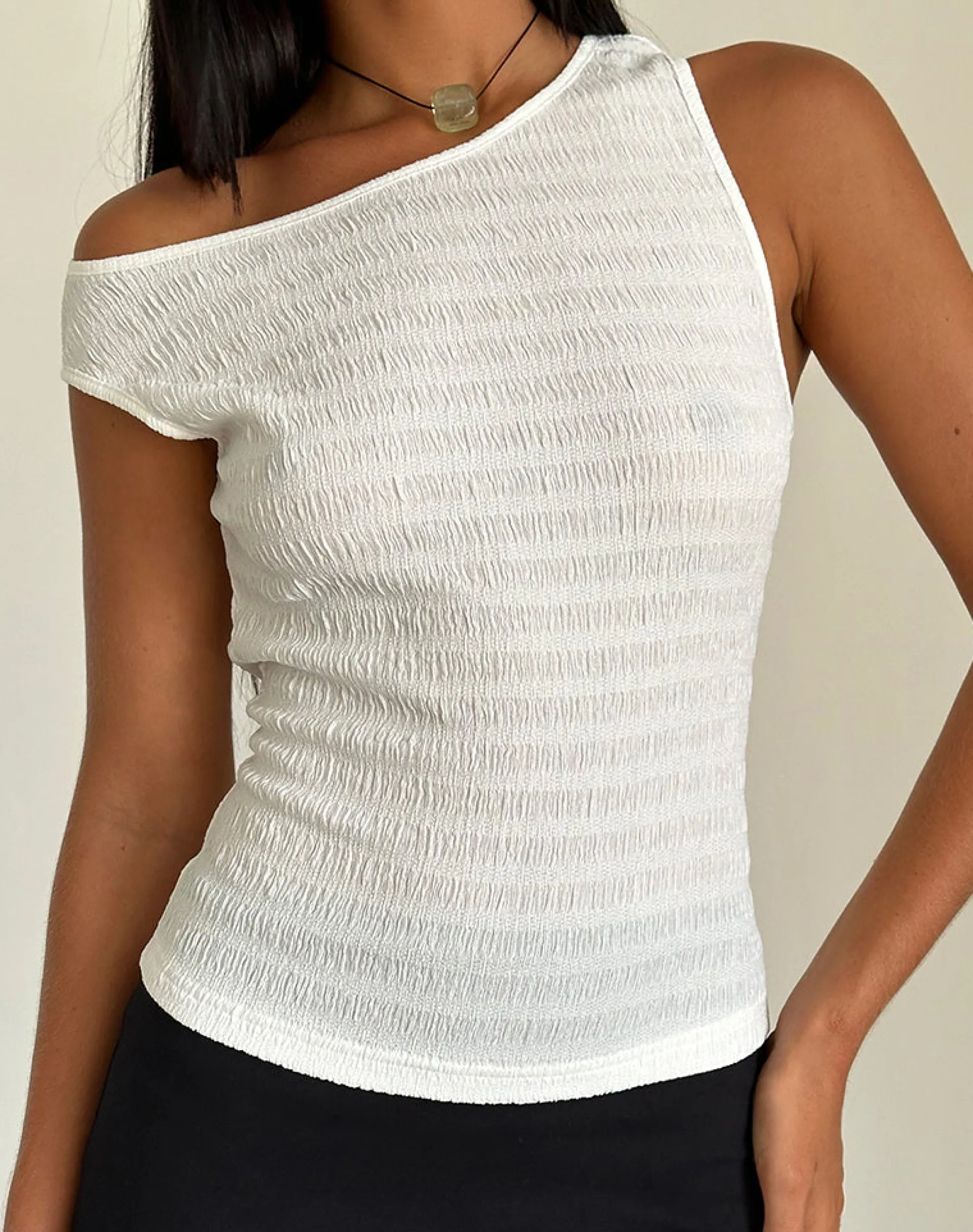 Motel Rocks Basic Tops | Going Out Tops-Tamia Asymmetric Top in Crinkle White CrinkleWhite