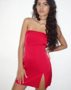 Motel Rocks Mini Dresses-Tannesa Bandeau Mini Dress in Deep Red Satin deepred