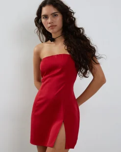 Motel Rocks Mini Dresses-Tannesa Bandeau Mini Dress in Deep Red Satin deepred