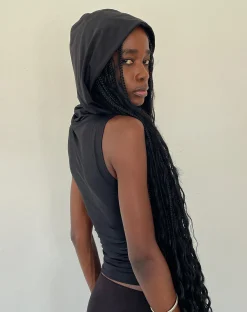 Motel Rocks Basics | Basic Tops-Tapia Hooded Tank Top in Black Slinky