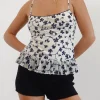 Motel Rocks Printed Tops | Strappy Tops-Tarkam Top in Grunge Floral Flock Cream