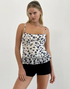 Motel Rocks Printed Tops | Strappy Tops-Tarkam Top in Grunge Floral Flock Cream