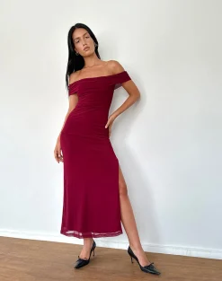 Motel Rocks Party Dresses | Maxi Dresses-Tarna Bardot Maxi Dress in Mesh Burgundy MeshBurgundy