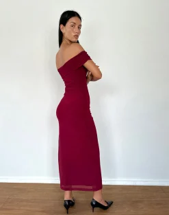 Motel Rocks Party Dresses | Maxi Dresses-Tarna Bardot Maxi Dress in Mesh Burgundy MeshBurgundy