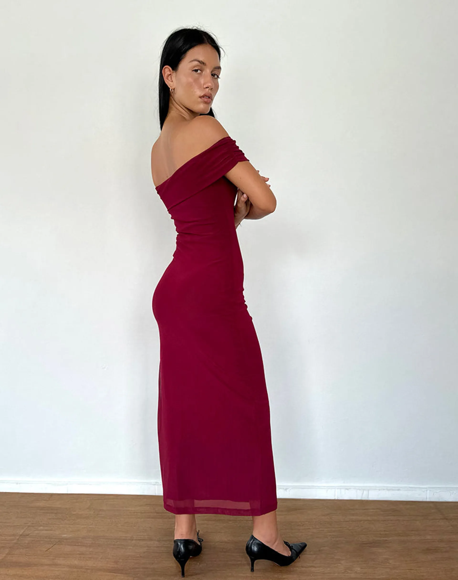 Motel Rocks Party Dresses | Maxi Dresses-Tarna Bardot Maxi Dress in Mesh Burgundy MeshBurgundy