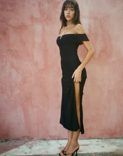Motel Rocks Bodycon Dresses | Party Dresses-Tarna Bardot Maxi Dress in Mesh Black MeshBlack