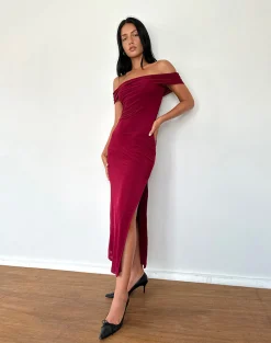 Motel Rocks Party Dresses | Maxi Dresses-Tarna Bardot Maxi Dress in Mesh Burgundy MeshBurgundy