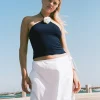 Motel Rocks Basics | Basic Tops-Tarrina Halterneck Top in Dark Navy with White Rosette