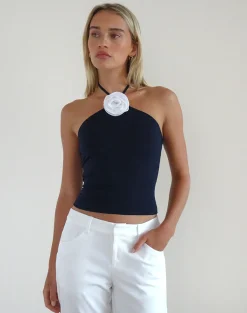 Motel Rocks Basics | Basic Tops-Tarrina Halterneck Top in Dark Navy with White Rosette