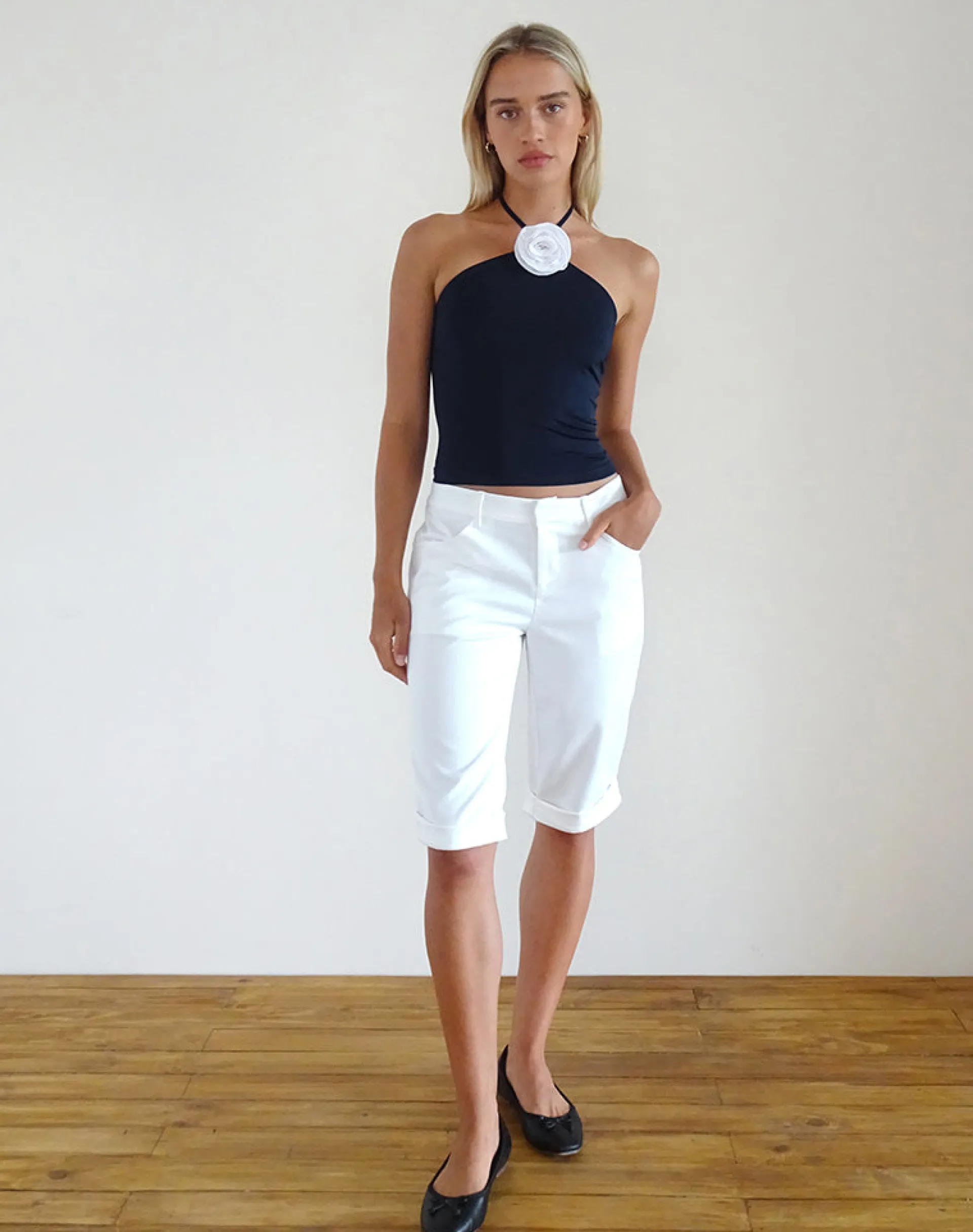 Motel Rocks Basics | Basic Tops-Tarrina Halterneck Top in Dark Navy with White Rosette
