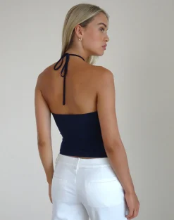 Motel Rocks Basics | Basic Tops-Tarrina Halterneck Top in Dark Navy with White Rosette