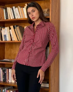 Motel Rocks Printed Tops | Long Sleeve Tops-Tarsi Fitted Shirt in Maroon Stripe