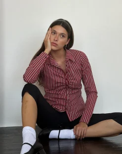 Motel Rocks Printed Tops | Long Sleeve Tops-Tarsi Fitted Shirt in Maroon Stripe
