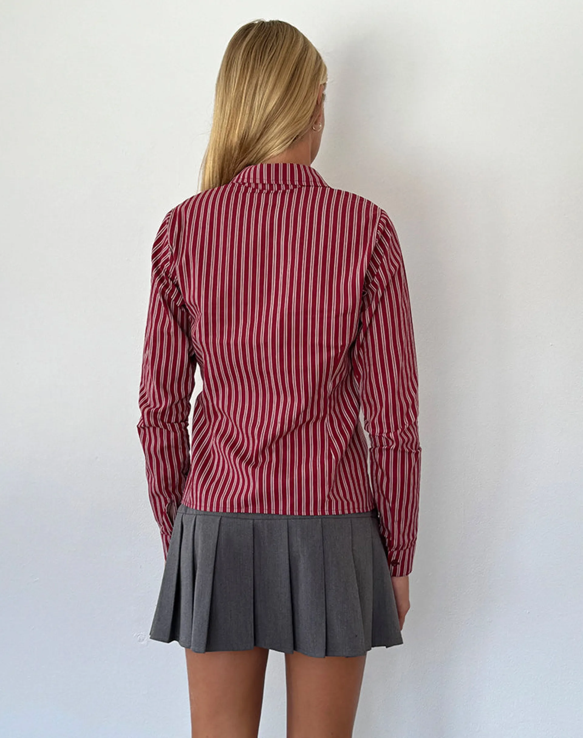 Motel Rocks Printed Tops | Long Sleeve Tops-Tarsi Fitted Shirt in Maroon Stripe