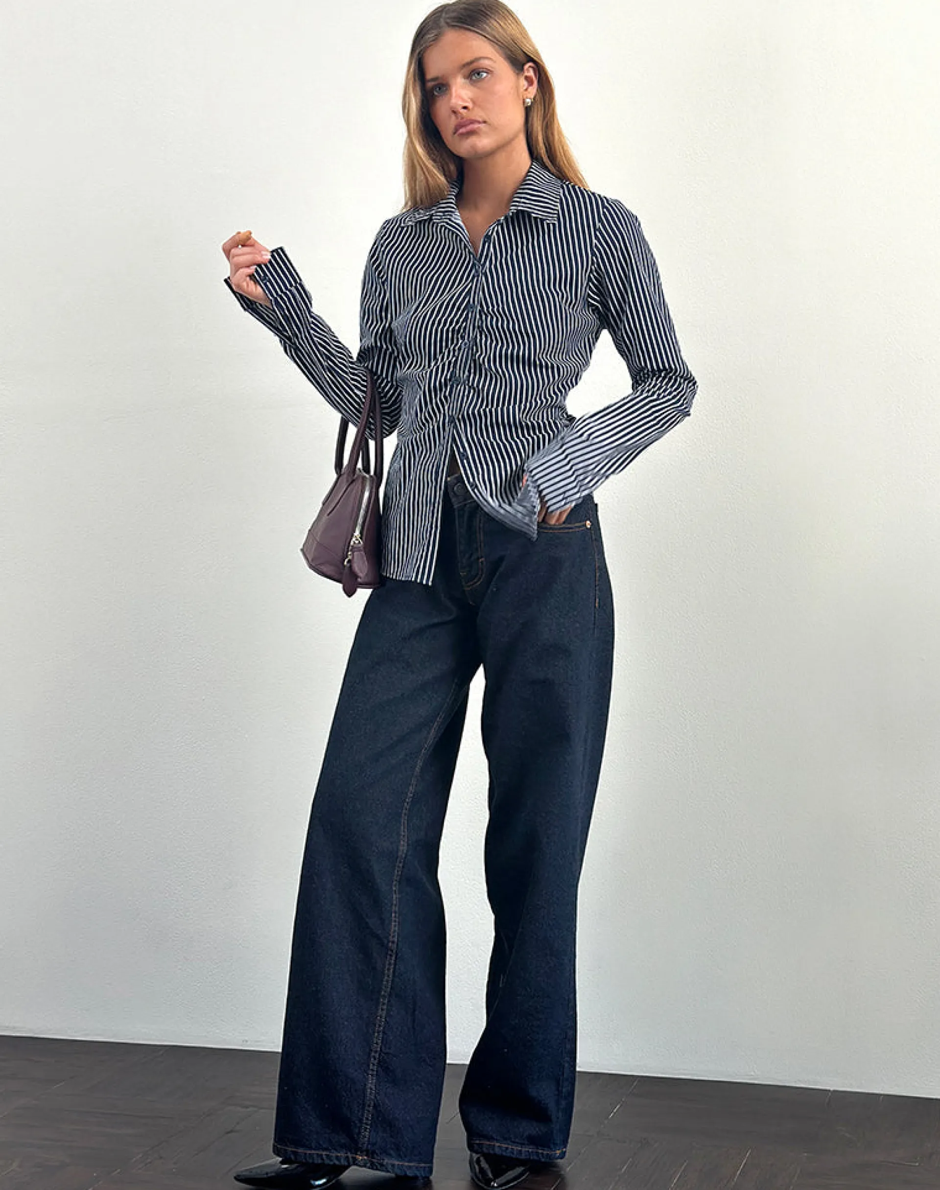 Motel Rocks Shirts And Blouses | Printed Tops-Tarsi Fitted Shirt in Mono Stripe Navy