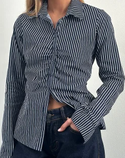 Motel Rocks Shirts And Blouses | Printed Tops-Tarsi Fitted Shirt in Mono Stripe Navy