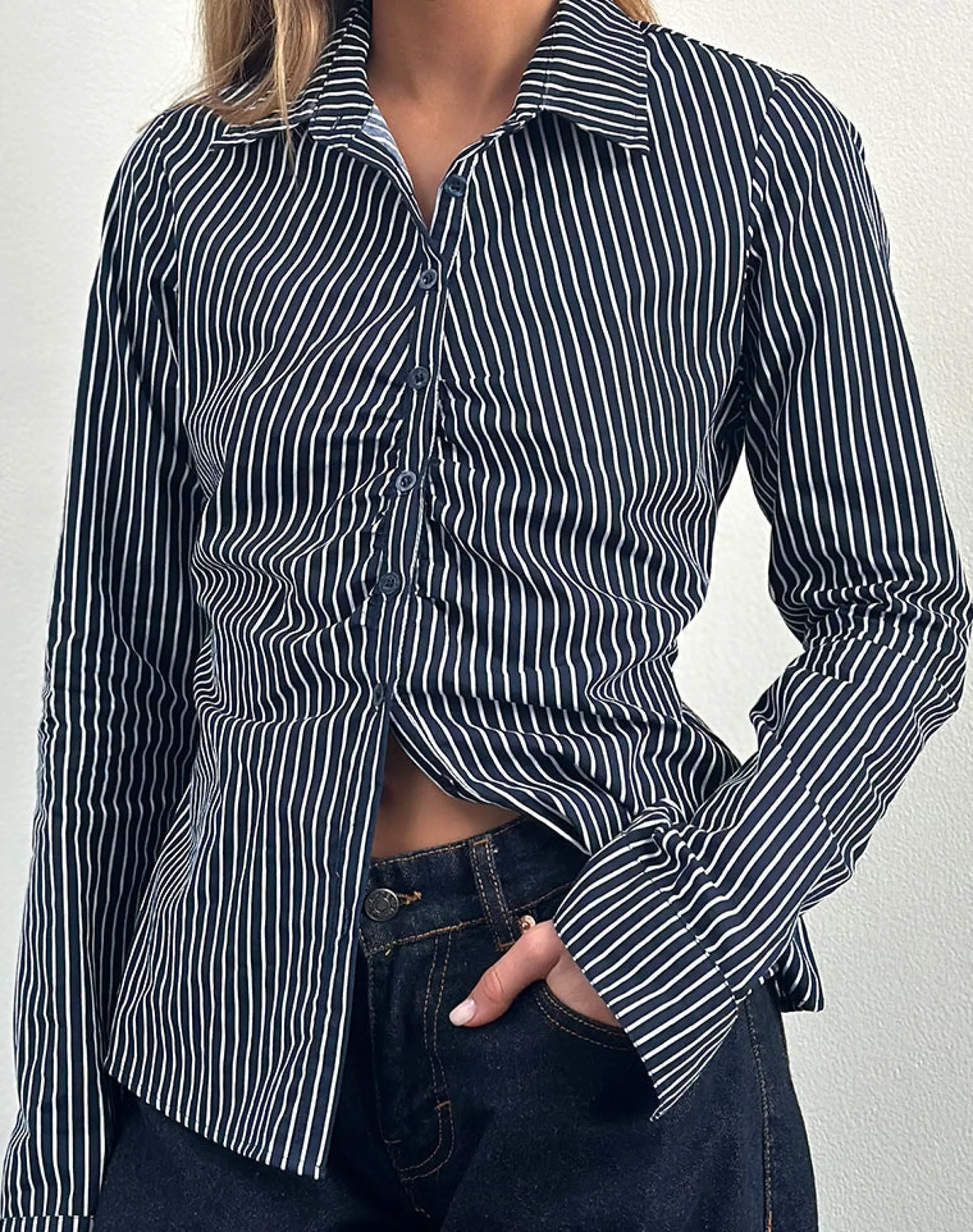 Motel Rocks Shirts And Blouses | Printed Tops-Tarsi Fitted Shirt in Mono Stripe Navy
