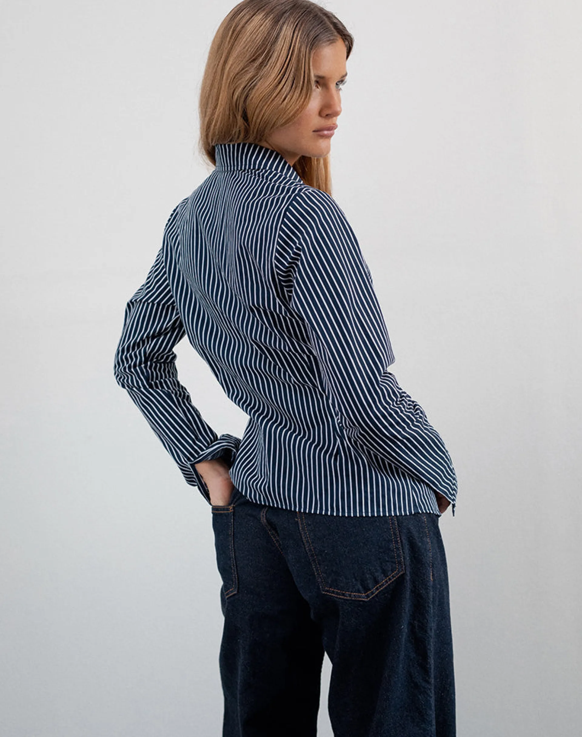 Motel Rocks Shirts And Blouses | Printed Tops-Tarsi Fitted Shirt in Mono Stripe Navy