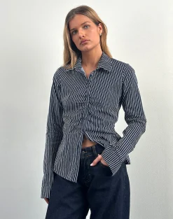 Motel Rocks Shirts And Blouses | Printed Tops-Tarsi Fitted Shirt in Mono Stripe Navy