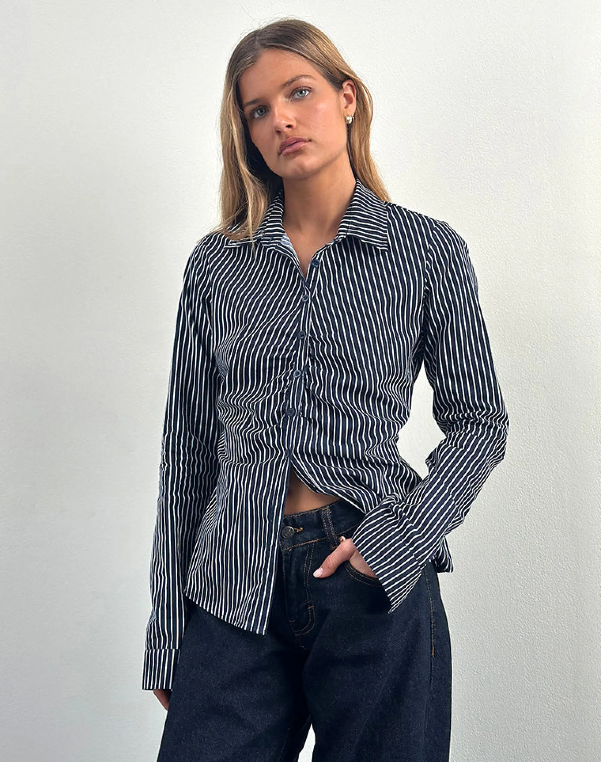 Motel Rocks Shirts And Blouses | Printed Tops-Tarsi Fitted Shirt in Mono Stripe Navy