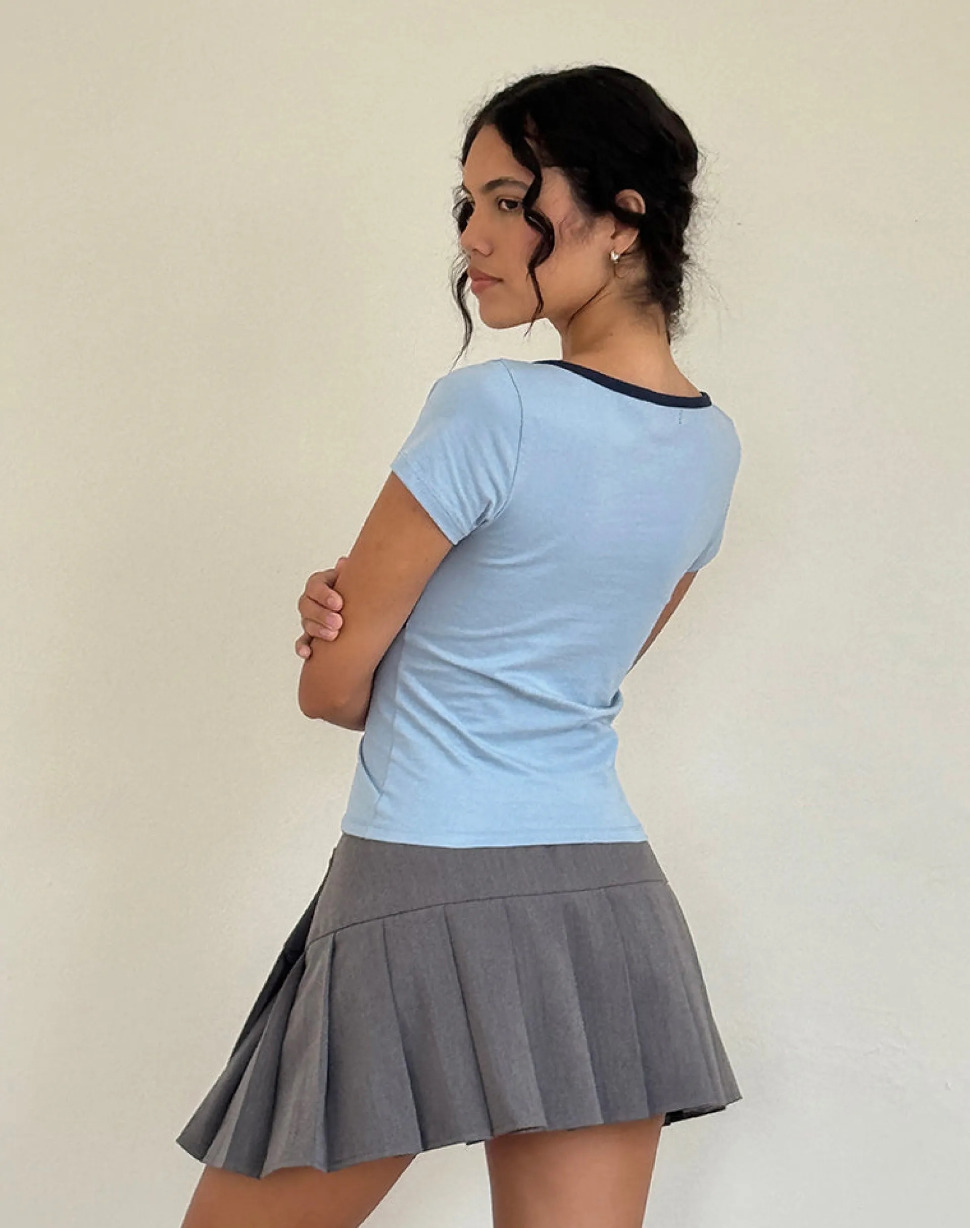 Motel Rocks Basic Tops | Tees-Tasina Top in Nantucket Blue with Navy Binding NantucketBluewithNavyBinding