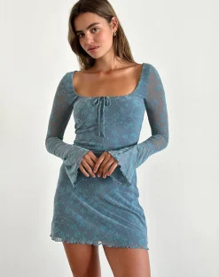 Motel Rocks Day Dresses | Bodycon Dresses-Tatyana Mini Dress in Grunge Floral Blue Grey