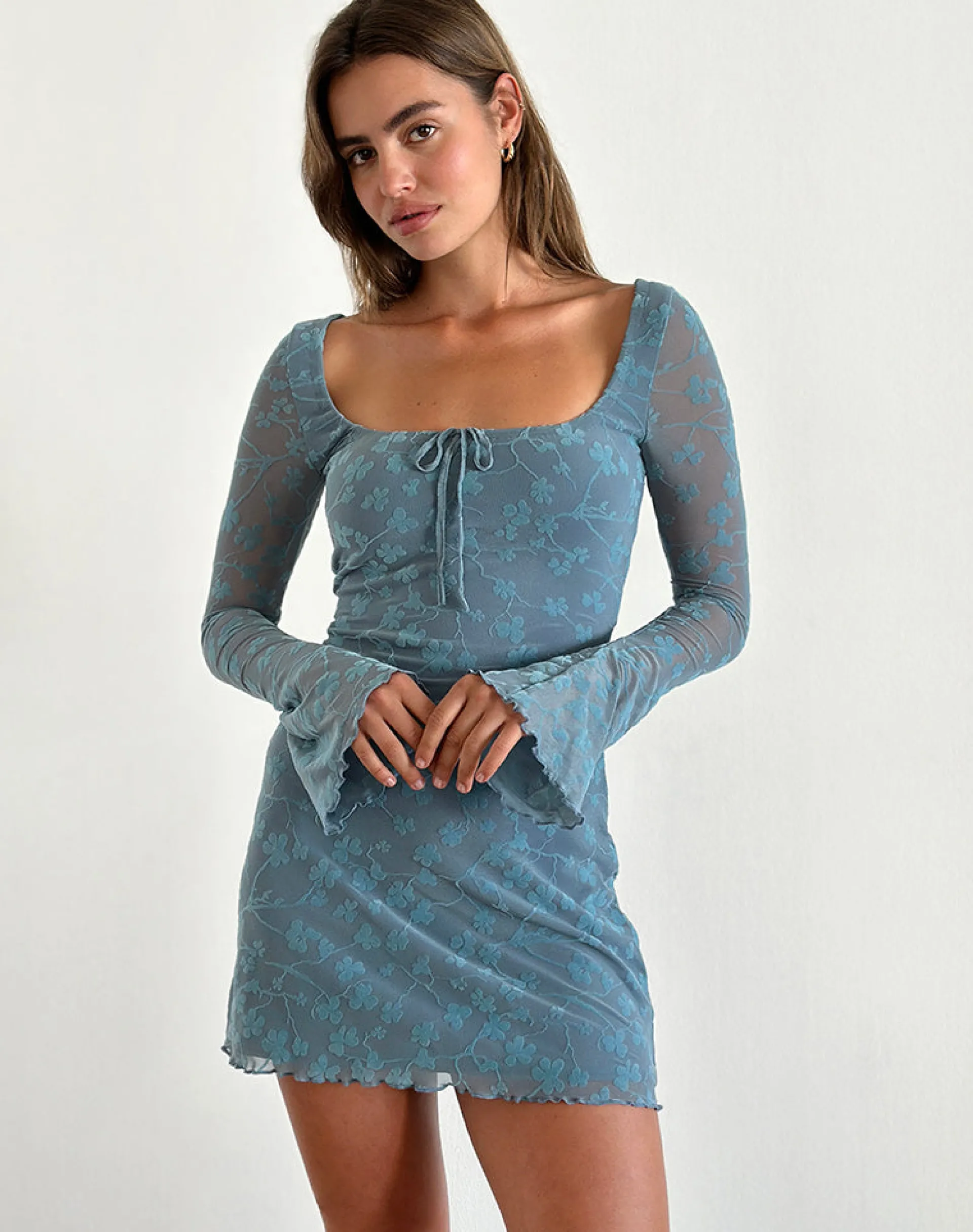 Motel Rocks Day Dresses | Bodycon Dresses-Tatyana Mini Dress in Grunge Floral Blue Grey