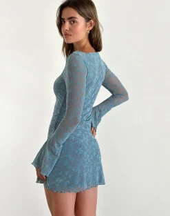 Motel Rocks Day Dresses | Bodycon Dresses-Tatyana Mini Dress in Grunge Floral Blue Grey