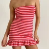 Motel Rocks Printed Dresses | Bandeau Dresses-Tav Mini Jersey Dress in Stripe Pink and Red