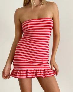 Motel Rocks Printed Dresses | Bandeau Dresses-Tav Mini Jersey Dress in Stripe Pink and Red