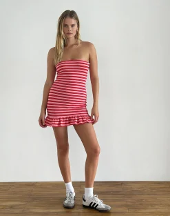 Motel Rocks Printed Dresses | Bandeau Dresses-Tav Mini Jersey Dress in Stripe Pink and Red